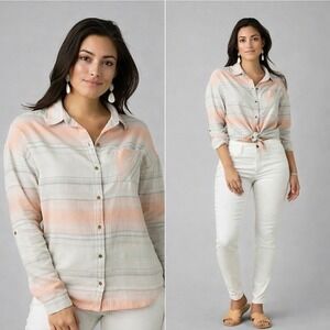 prAna Women's Meadow Stripe PERCY Organic Cotton Shirt Size Large